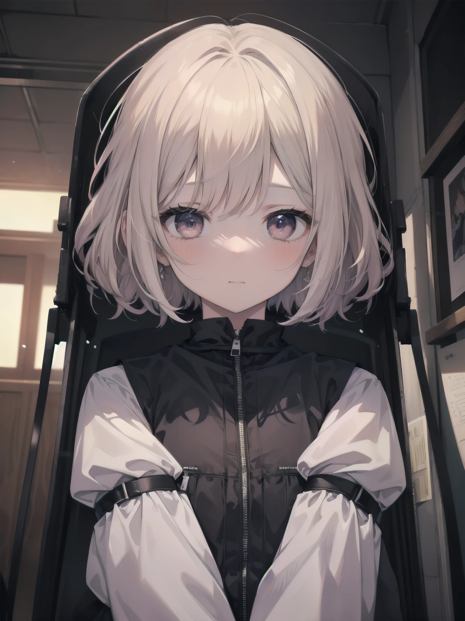 Masterpiece、Cinematic、Highest quality、Super detailed、Detailed clothing、Clear Face、Detailed face、Detailed skin、1人のgirl、6 、girl、、Torn clothes、、Worn clothes、Embarrassing、blush、Looking down、Loose wearing、despair、fear、A dark room、Blackout