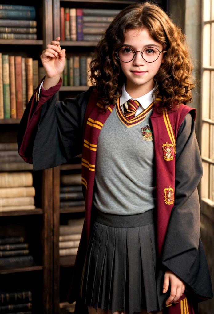 Masterpiece of allure, (12-year-old:1.2), mary elizabeth winstead, (freckles on cheeks, short curly dark-brown hair:1.2), (brown eyes, wear glasses:1.2), (Irish tween girl fitness model), (wearing a Gryffindor uniform: 1.2), photorealistic, full body, a captivating smile lingers at the corner of her lips, ultra-high-resolution, film stock photography, F2.8 lenses, vibrant colors, realistic