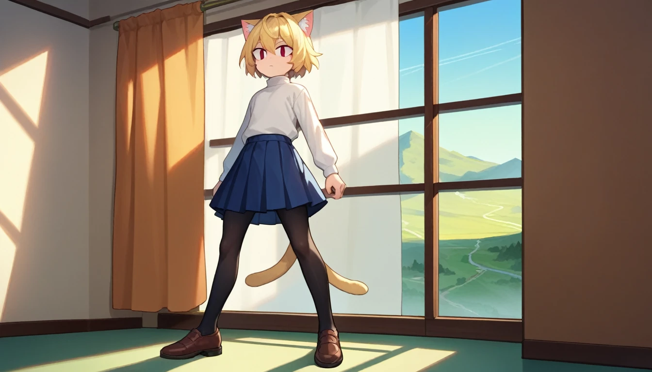 score_9, score_8_up, score_7_up, score_6_up, score_5_up, score_4_up, BREAK, 1boy, solo, necoarc, lit pupils, cat ears, blonde hair, red eyes, :3, turtleneck, blue skirt, pleated skirt, pantyhose, brown footwear, highlight thighs, landscape, inside a room, near a window, (dynamic poses) facing the viewer,