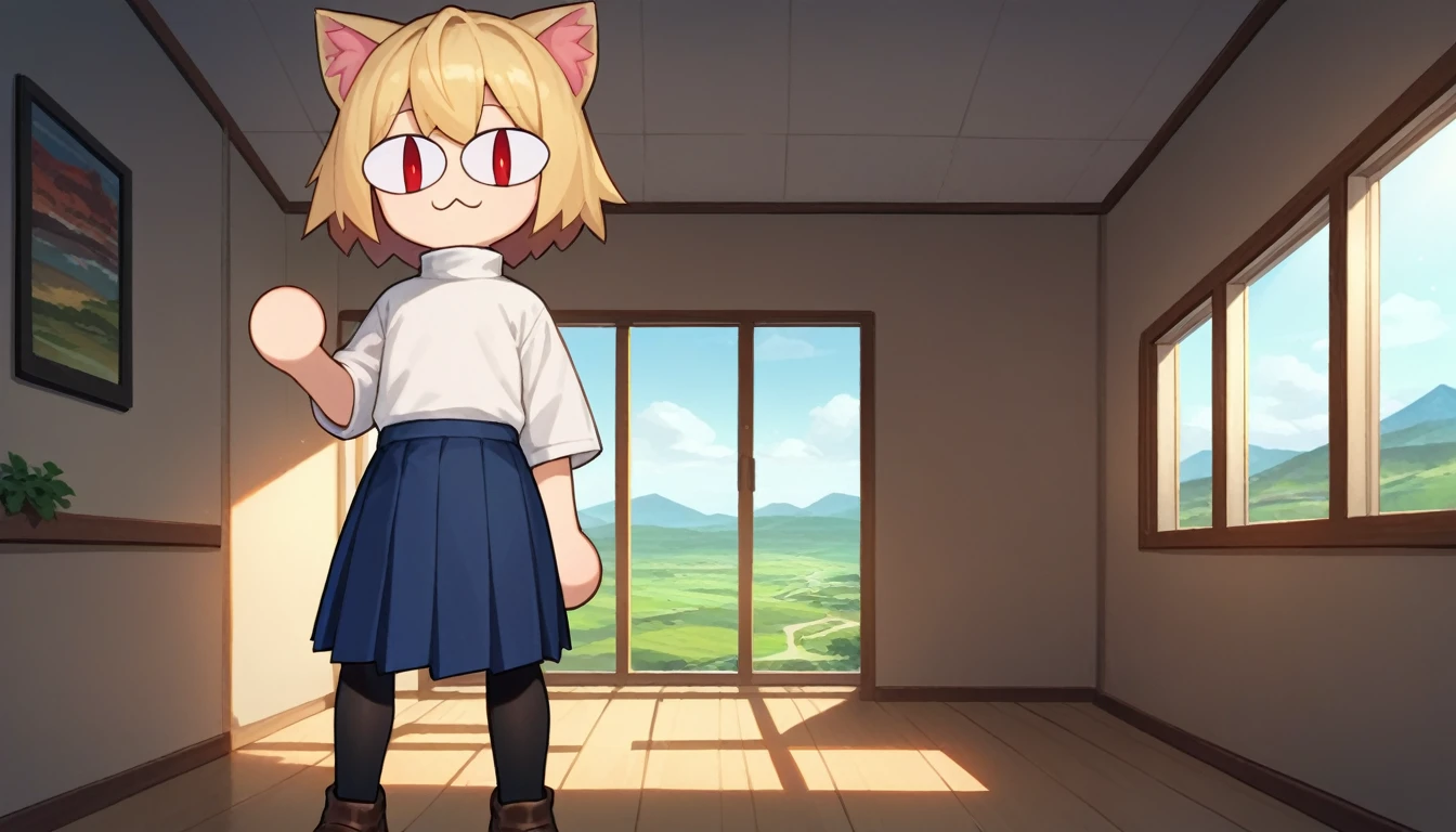 score_9, score_8_up, score_7_up, score_6_up, score_5_up, score_4_up, BREAK, 1boy, solo, necoarc, lit pupils, cat ears, blonde hair, red eyes, :3, turtleneck, blue skirt, pleated skirt, pantyhose, brown footwear, highlight thighs, landscape, inside a room, near a window, (dynamic poses) facing the viewer,