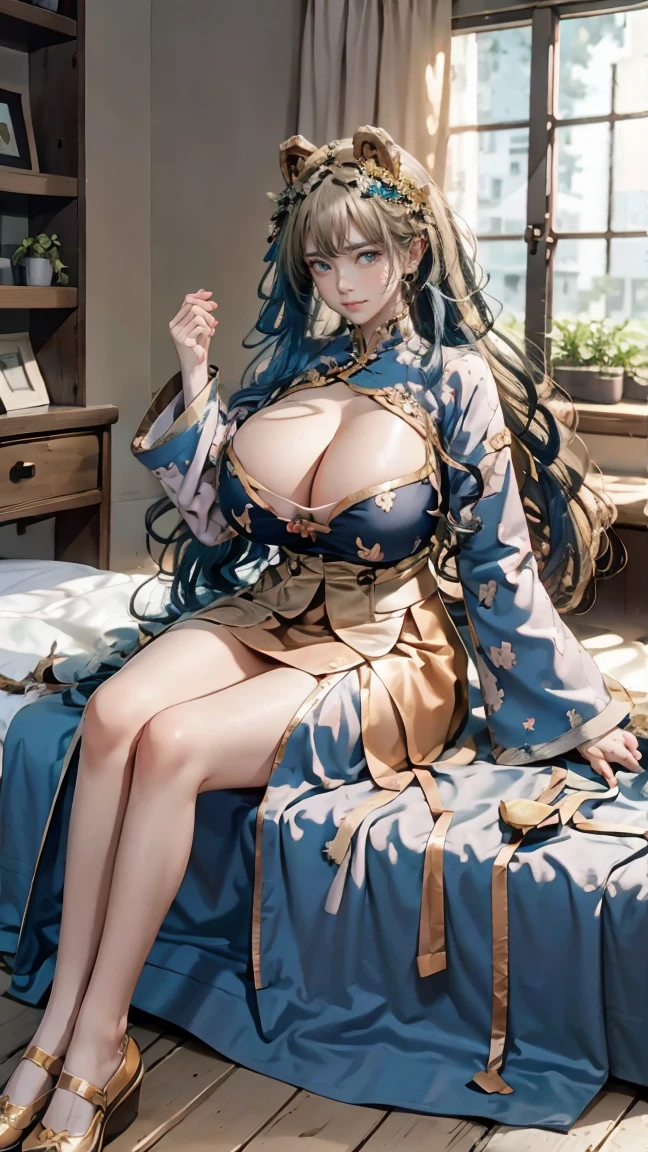 Best quality, masterpiece, ultra high res, raw photo, beautiful and aesthetic, deep shadow, fairy theme,(ultra detailed:1.3),
1girl, sitting pose, headdress, (beautiful face, detailed eye:1.2), embarrassed, drill hair, long hair, blonde hair, gradient hair, yellow eyes, solo, (busty breasts, gigantic breasts:1.1), big hair, blue hair, divine goddess, looking at viewer, indoors, royal palace, luxurious bedroom, canopy bed, candlelight, room full of curtain, astraea, full body, chinese clothes,bear ears,wide sleeves,sweet print,brown skirt