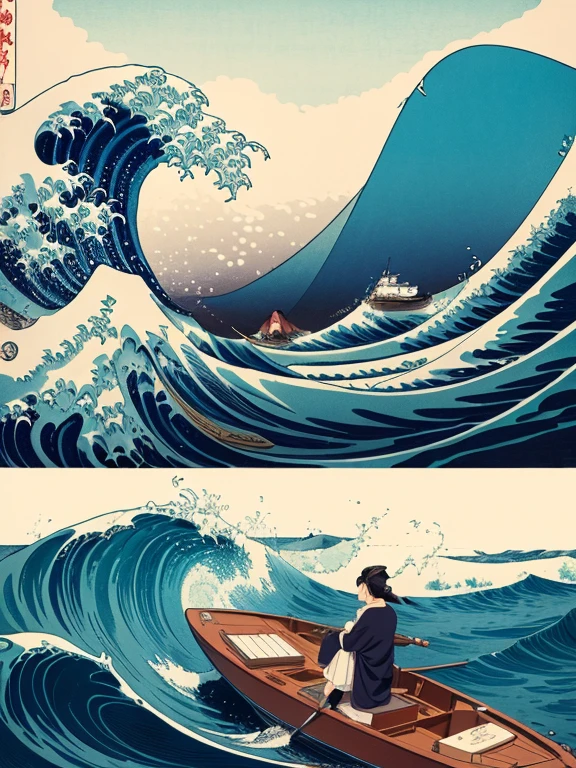 (Highest quality、masterpiece、High resolution、8K)、Ukiyo-e、Hokusai、Fuji Mountain、White waves of the sea、Boat、Official Art、