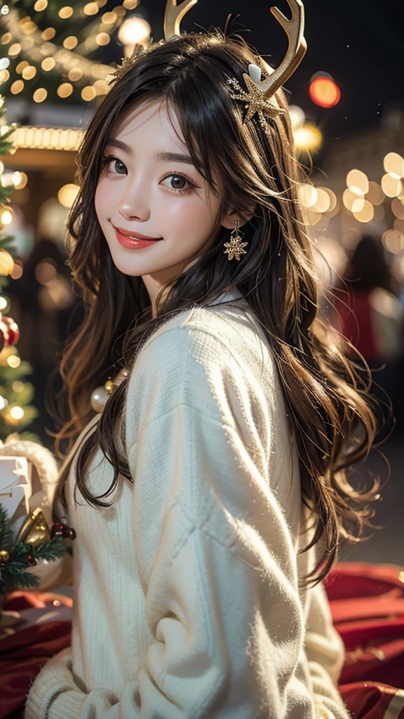 Santa Costume，Snowflake background、Christmas tree、Reindeer ears、.Twinkle lights、smile、Mint Candy、Christmas wreath、Long Wavy Hair、Gold Accessories、