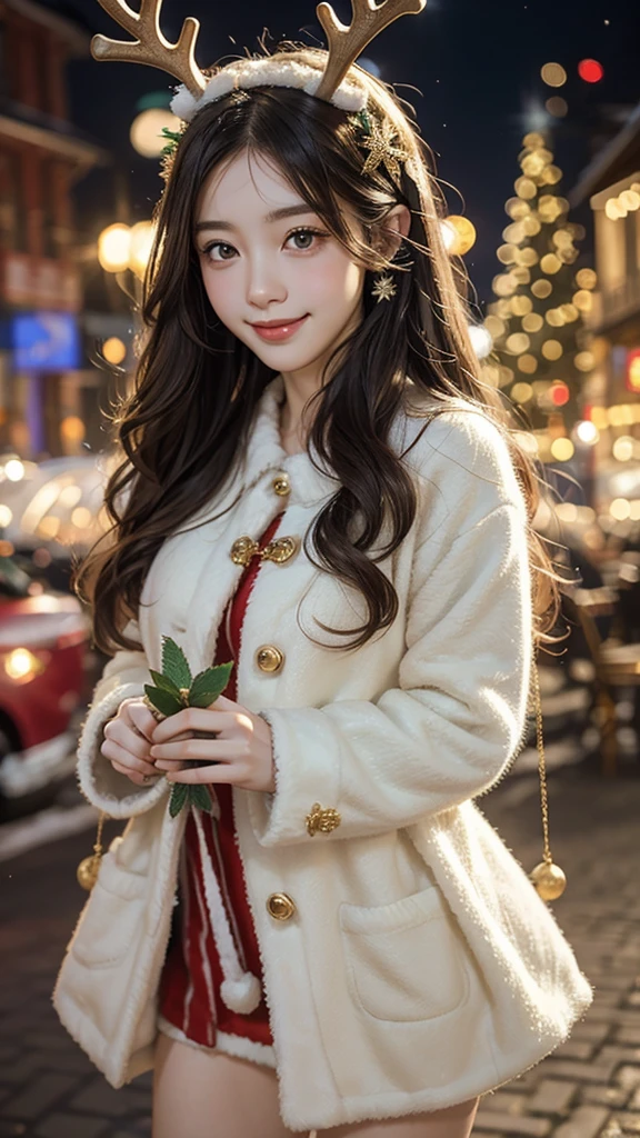 Santa Costume，Snowflake background、Christmas tree、Reindeer ears、.Twinkle lights、smile、Mint Candy、Christmas wreath、Long Wavy Hair、Gold Accessories、