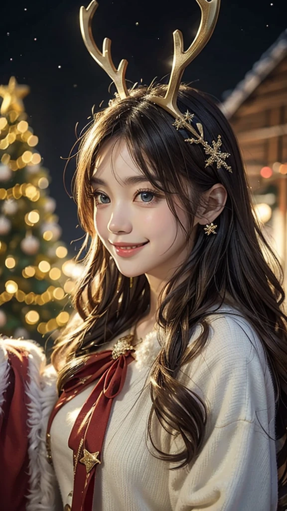 Santa Costume,Snowflake background、Christmas tree、Reindeer ears、.Twinkle lights、smile、Mint Candy、Christmas wreath、Long Wavy Hair、Gold Accessories、