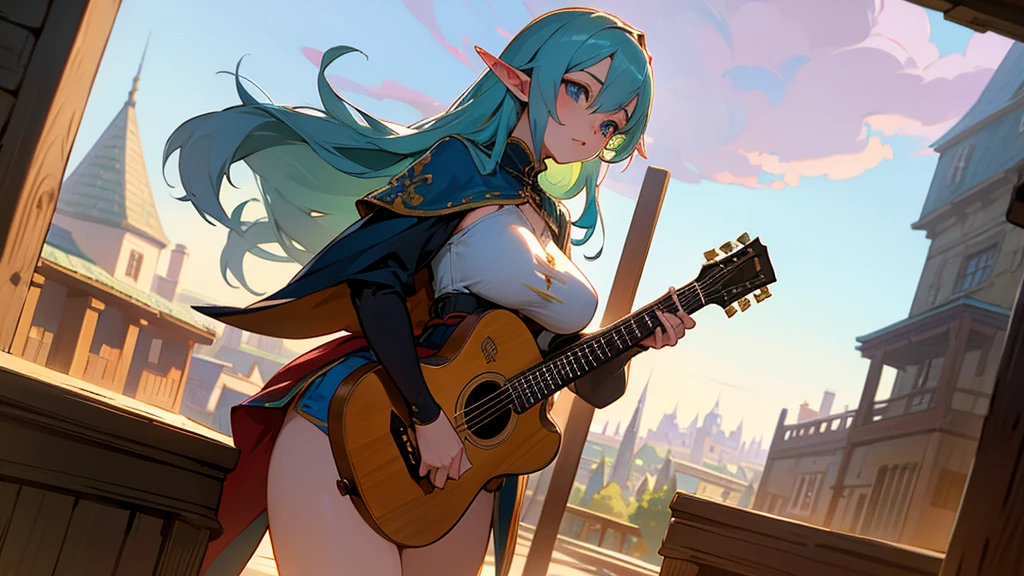 Anime Style,Nostalgic,Detailed background,The medieval world,A lively bar with lots of people,Beautiful sky,Beautiful Elf Bard,guitar,Large Breasts,Healthy thighs