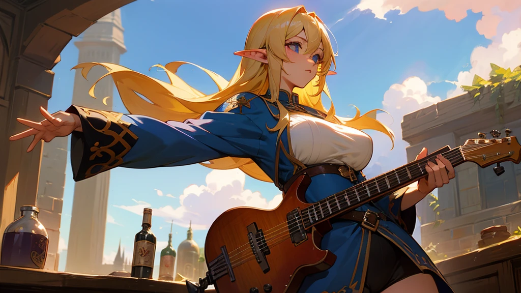 Anime Style,Nostalgic,Detailed background,The medieval world,A busy train with lots of people,Smiling bard beautiful elf girl,guitar,Large Breasts,Underarm