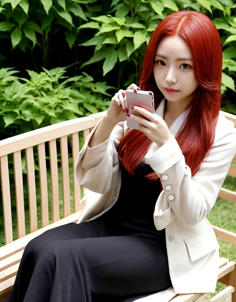 Woman with long red hair sitting on a bench and holding a mobile phone, Chiho, 🚿🗝📝, Yoshitomo Nara, with cute - fine - face, sakimichan, cute:2, Hime cut, With index finger, aoshima Chiho, TWICE's Tzuyu