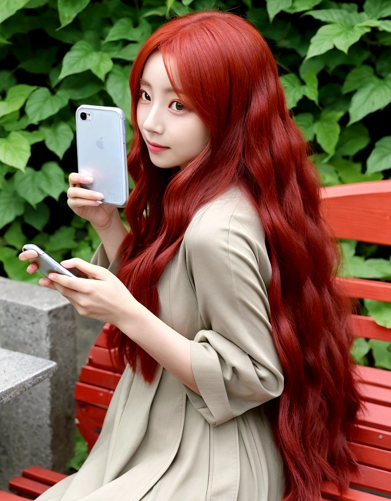 Woman with long red hair sitting on a bench and holding a mobile phone, Chiho, 🚿🗝📝, Yoshitomo Nara, with cute - fine - face, sakimichan, cute:2, Hime cut, With index finger, aoshima Chiho, TWICE's Tzuyu
