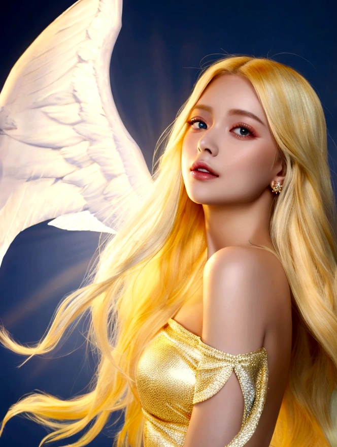 Beautiful girl with white wings and golden hair shining like an angel