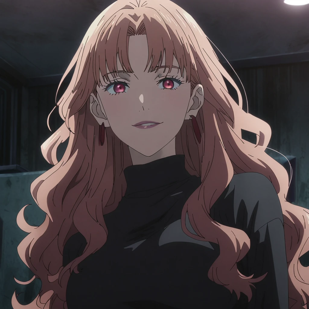 1girl, female ((sukuna)), anime screencap from jujutsu kaisen, ((Sukuna female version)) solo, long_hair, ((red eyes)) ((sukunatatoo, evil grim)) ((Pink_hair, hair parted from between)), night view, (hanging breasts) upper_body, smile, indoors, book, lips, (long hair) ((wearing black one piece, glossy)) breast, "very detailed and high resolution" (red eyes) ((solo)) (((front view))) (earings) ((high resolution)) ((good quality)) ((silky hair, hair slicled back from one side)) ((shy))
