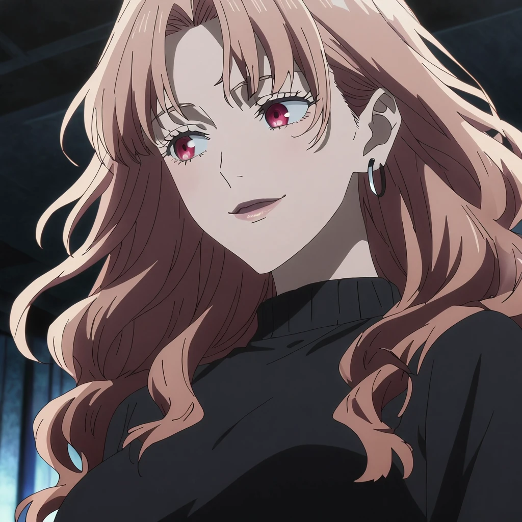 1girl, female gojo satoru, anime screencap from jujutsu kaisen, gojo satoru female version, solo, long_hair, blue eyes ((Brown_hair, wavy hair)), night view, (hanging breasts) upper_body, smile, indoors, Red_eyes, lips, (slight wavy hair) (wearing round sunglasses) ((wearing black sweater outfit)) breast, "very detailed and high resolution" (Red eyes) ((shoulder length wavy hair)) ((solo)) (front view) (earings) ((high resolution)) ((good quality)) ((bangs))