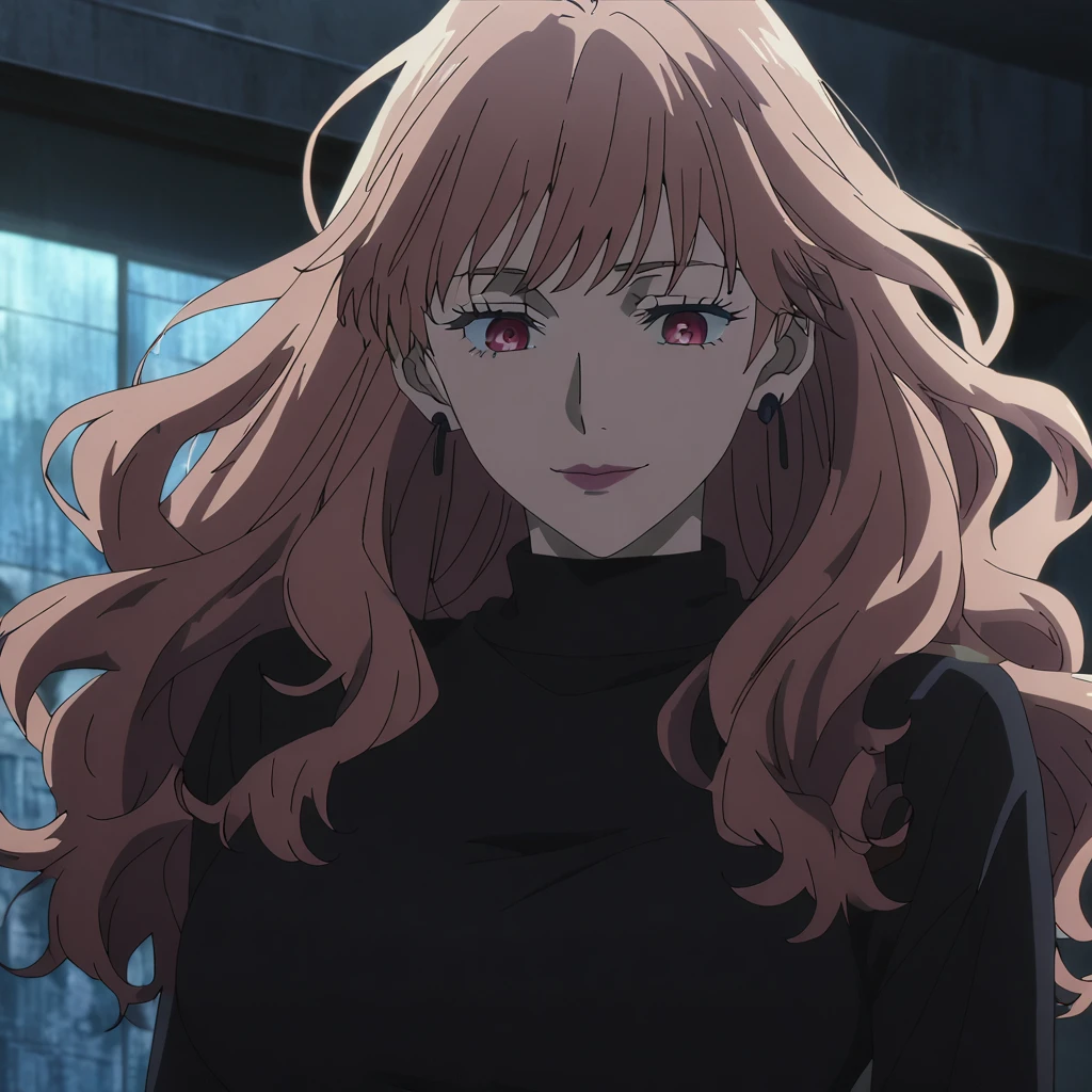 1girl, female gojo satoru, anime screencap from jujutsu kaisen, gojo satoru female version, solo, long_hair, blue eyes ((Brown_hair, wavy hair)), night view, (hanging breasts) upper_body, smile, indoors, Red_eyes, lips, (slight wavy hair) (wearing round sunglasses) ((wearing black sweater outfit)) breast, "very detailed and high resolution" (Red eyes) ((shoulder length wavy hair)) ((solo)) (front view) (earings) ((high resolution)) ((good quality)) ((bangs))