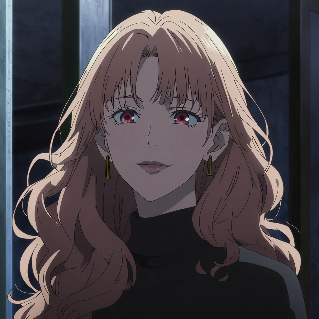 1girl, female gojo satoru, anime screencap from jujutsu kaisen, gojo satoru female version, solo, long_hair, blue eyes ((Brown_hair, wavy hair)), night view, (hanging breasts) upper_body, smile, indoors, Red_eyes, lips, (slight wavy hair) (wearing round sunglasses) ((wearing black sweater outfit)) breast, "very detailed and high resolution" (Red eyes) ((shoulder length wavy hair)) ((solo)) (front view) (earings) ((high resolution)) ((good quality)) ((bangs))