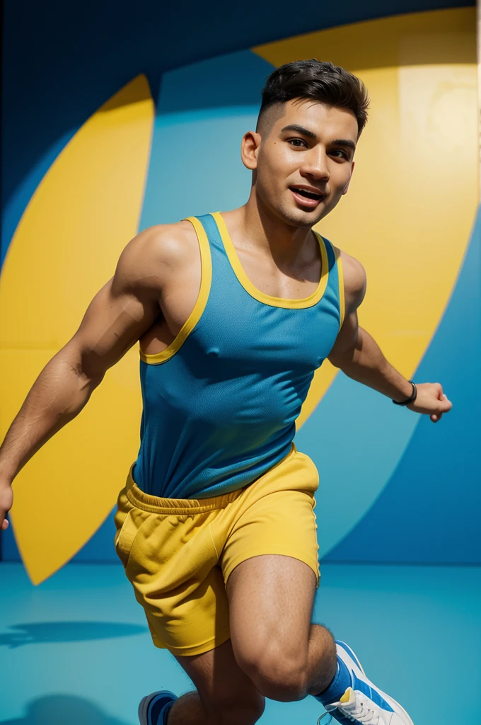 Caricature 3D real cartoon style full body with a big head. A man was running with a shocked expression. Buzz cut hair style, Wearing a blue singlet mixed with yellow and blue. Wearing loose blue and yellow shorts. Wearing white shoes, black high socks. Cheerful colorful background. 3D cartoon style, vibrant colors, smooth textures, detailed expression, 3D rendering, detailed face and skin texture.