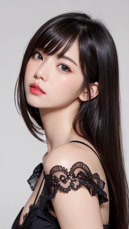 bright表情、Photorealistic Stick:1.32、Highest quality、Ultra-high resolution、Photos of the most beautiful Japan girls、Cute and beautiful facial details、Small face、(Dealing with the Children_v1:0.008)、美しいbangs、29-year-old、Glowing White Skin、Hair gets tangled in the face、顔まで伸びるbangs、bangs、Hair between the eyes、胸下までのびるLong Hair、Silky hair of attractive black color、bright、Clear light blue eyes sparkle charmingly、Big Breasts、Put your hands on your face、Pink lipstick、Light pink eyeshadow、Pink blush、Blue skin tone、Landmine Makeup、Beautiful eyelashes、Highest quality、((Cute Girls))、28-year-old woman、Sit in front of the mirror、((Wearing a black lace frilly top、:1.3))、(Long Hair:1.4)、(Nice and cute、Sexy look、Large Breasts、Black long hair、Tight waist、Beautiful eyes in every detail、Other shoots、Upper Body、Face close-up、Front view、