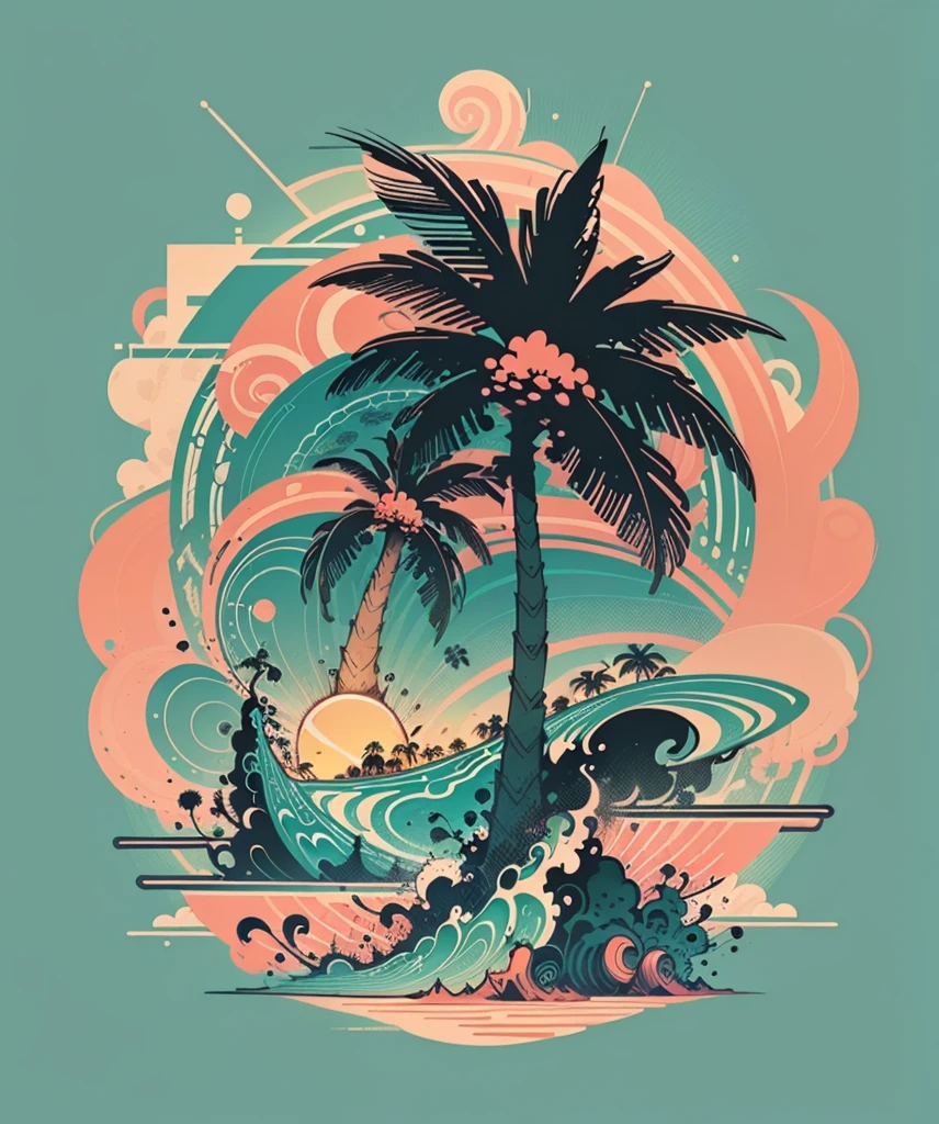 2D vector illustration, summer t-shirt design, palmtrees, (surfar: 1.1), (combined), sunshine light, (best qualityer, work of art: 1.3), minimalistic, (8 cores)