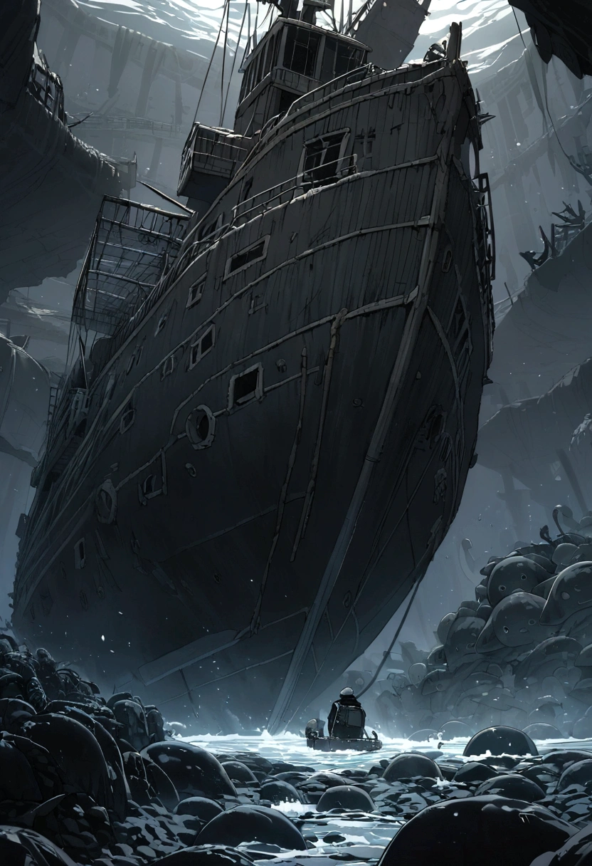 (Deep Black Sea:1.5)，(//Abandoned ghost ship:1.3//)+(A huge ship sunk to the bottom of the ocean：1.3)，A flock of octopuses，Wreckage of the shipwreck,