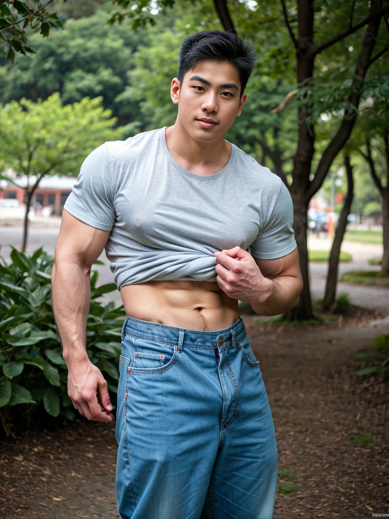 a young asian man, 20 years old, wearing a shirt and pants, dynamic movement pose, big pecs, (best quality,4k,8k,highres,masterpiece:1.2),ultra-detailed,(realistic,photorealistic,photo-realistic:1.37),HDR,UHD,rim lighting,ultra-fine painting,sharp focus,physically-based rendering,extreme detail description,professional,soft colors,bokeh,portrait,photography