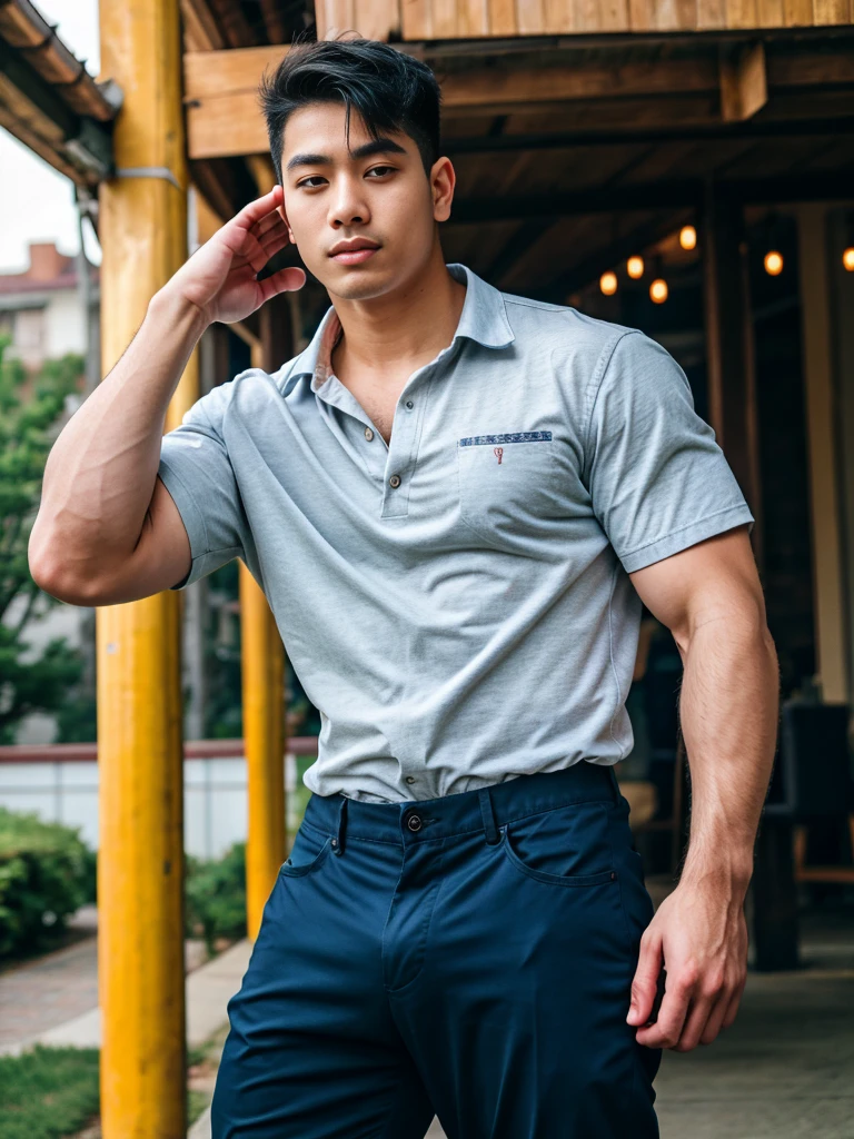 a young asian man, 20 years old, wearing a shirt and pants, dynamic movement pose, big pecs, (best quality,4k,8k,highres,masterpiece:1.2),ultra-detailed,(realistic,photorealistic,photo-realistic:1.37),HDR,UHD,rim lighting,ultra-fine painting,sharp focus,physically-based rendering,extreme detail description,professional,soft colors,bokeh,portrait,photography