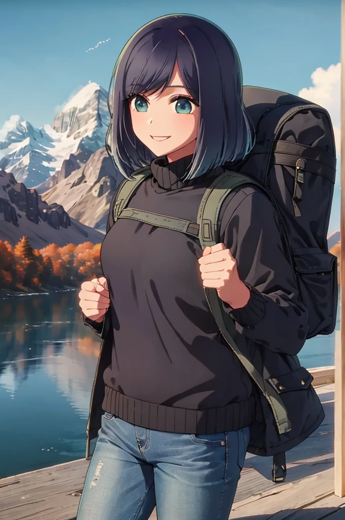 girl, jeans, sweater, black puffer jacket, autumn, mountain, smile, backpack