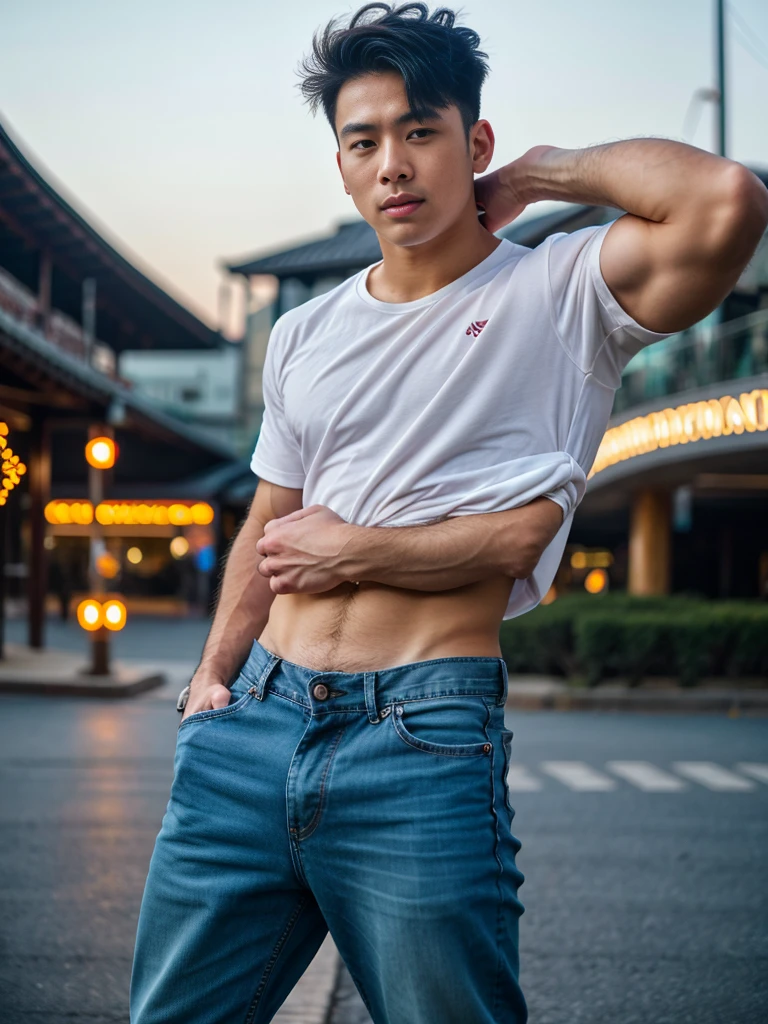 a young asian man, 20 years old, wearing a shirt and pants, dynamic movement pose, big pecs, (best quality,4k,8k,highres,masterpiece:1.2),ultra-detailed,(realistic,photorealistic,photo-realistic:1.37),HDR,UHD,rim lighting,ultra-fine painting,sharp focus,physically-based rendering,extreme detail description,professional,soft colors,bokeh,portrait,photography