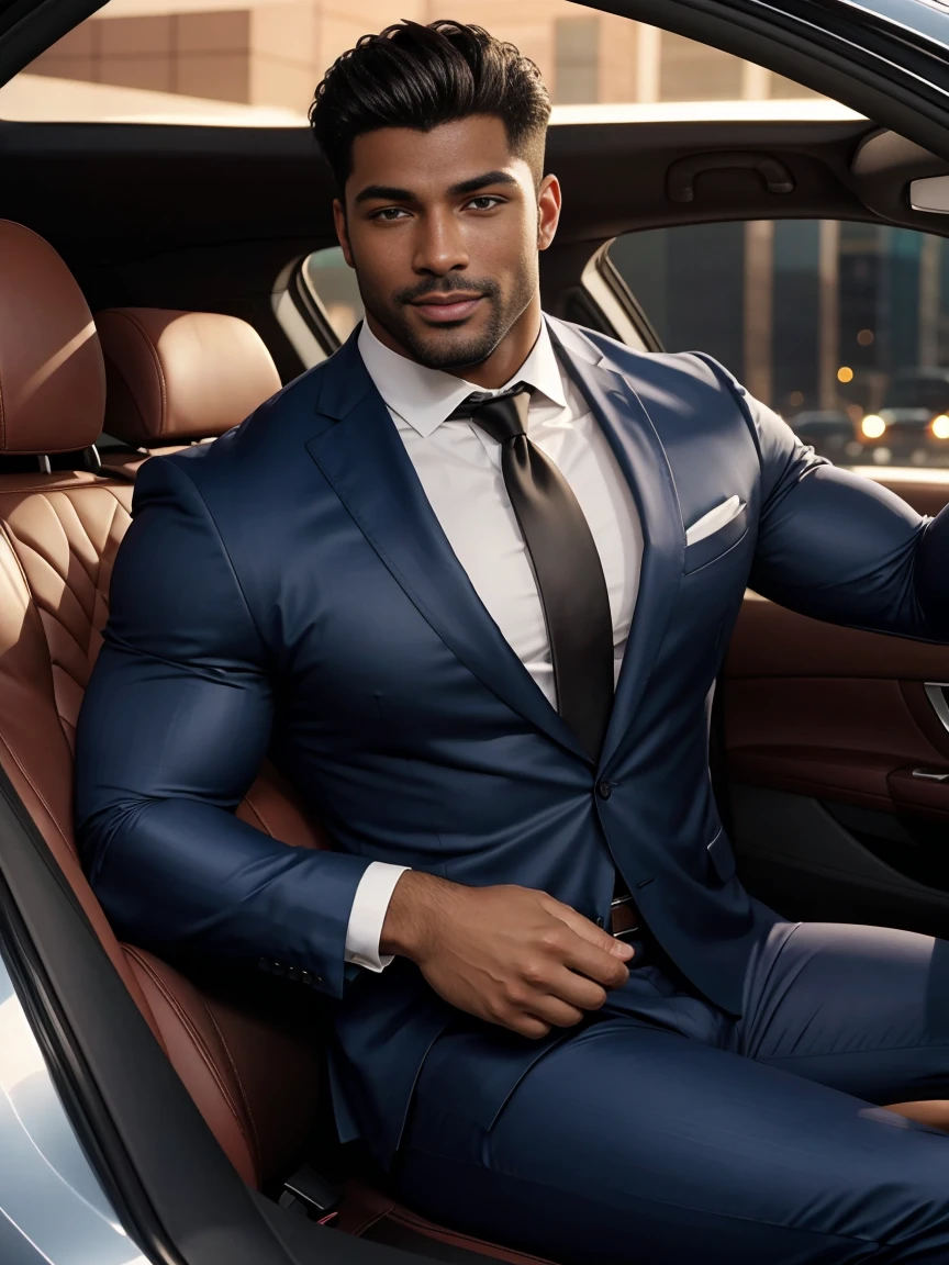 8K,8K resolution,2 Muscular Europeans, handsome man,charming eyes,dark skin,beautiful, smooth and shiny,Full muscles,Thick body hair, (wearing a stylish suit),big bag highlights,Excellent j8,emphasize,Driving a luxury convertible,The car is full of roses,Two men smiling happily,professional lighting,Professional photography,Realistic photos,realistic model,realistic art,Perfect hand details