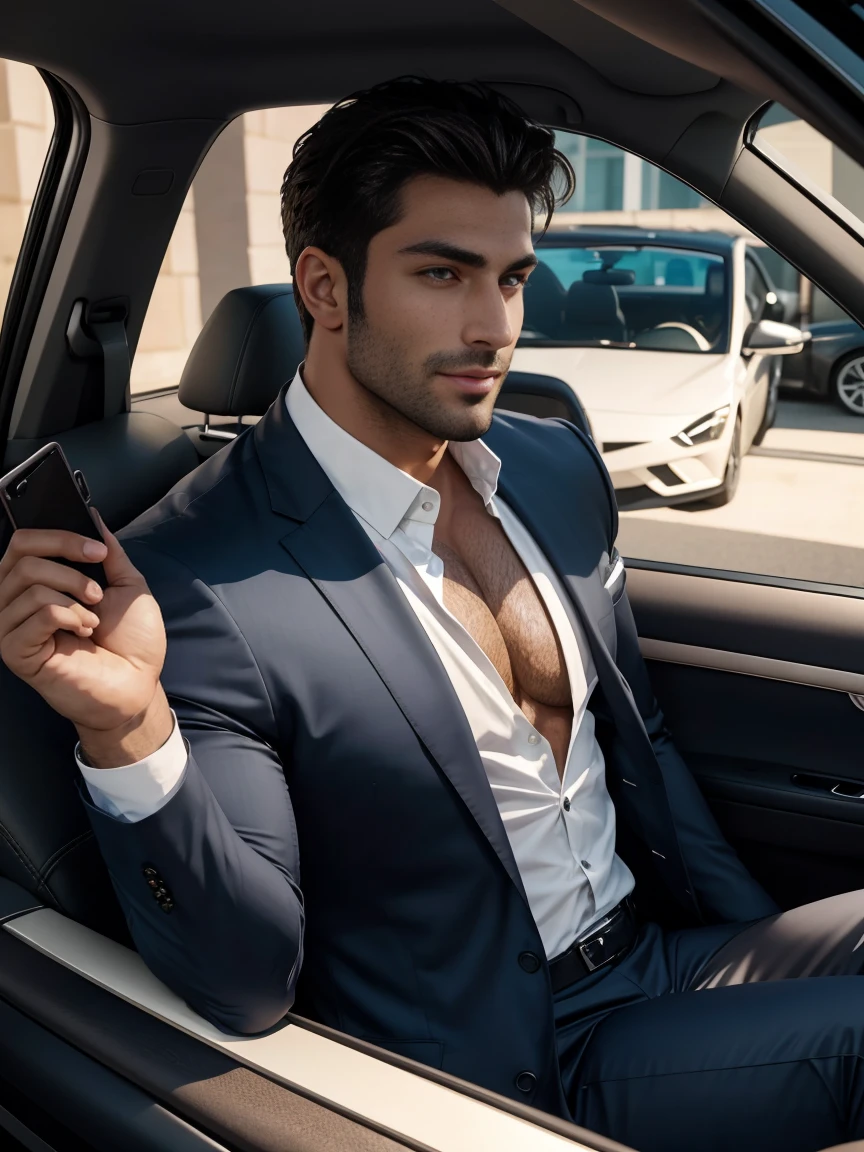 8K,8K resolution,2 Muscular Europeans, handsome man,charming eyes,dark skin,beautiful, smooth and shiny,Full muscles,Thick body hair, (wearing a stylish suit),big bag highlights,Excellent j8,emphasize,Driving a luxury convertible,The car is full of roses,Two men smiling happily,professional lighting,Professional photography,Realistic photos,realistic model,realistic art,Perfect hand details