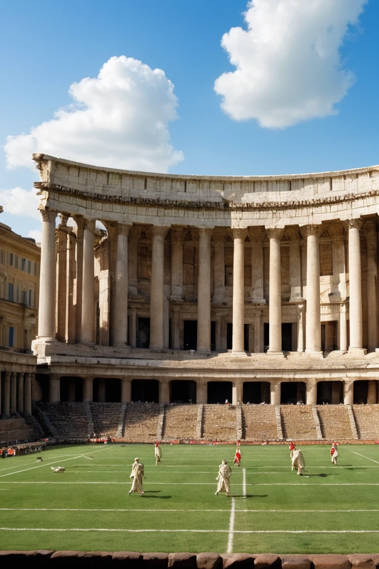 Create an image, showing ancient Romans watching a football match on a huge screen in an amphitheater. The amphitheater is surrounded by architecture, typical of ancient Rome, with columns and statues. Romans dressed in traditional togata and togas. The weather is sunny, with blue sky and several clouds. Various household items are visible in the foreground, characteristic of that era, as well as Roman soldiers, guarding the perimeter.