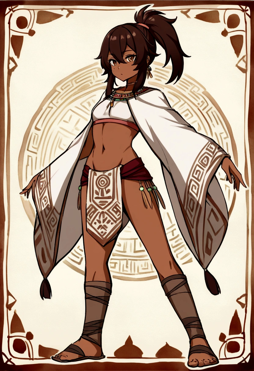 lora: 1.5 gensin impact , high res, stable diffusion, 1girl, solo, full body, dark-skinned female, dark skin, black hair, ponytail, golden eyes, medium breast, hip bones, escesive pubic hair, pubic hair peek, topless, nipples, paintbody, loincloth, poncho, oppen poncho, brown outfit, maya glipho, (nipples band aid), maya tattoo, partiali visible vulva, native, native figther, maya, maya girl, standing, spread legs, white background, simple background, lora: maya_stile 1:5