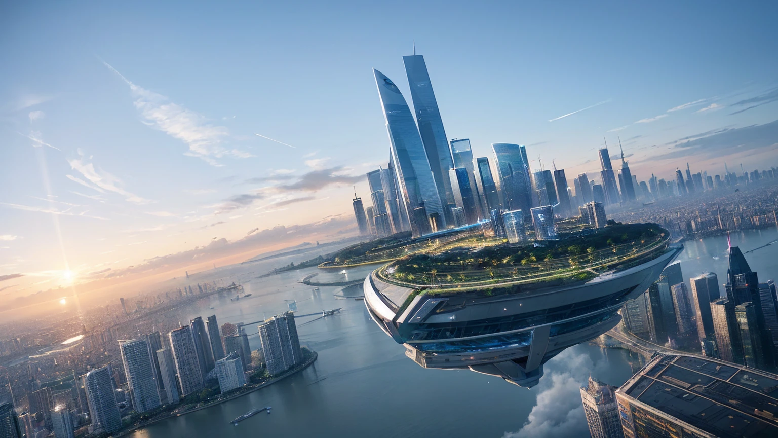 (Best quality,4K,8K,A high resolution,Masterpiece:1.2),Ultra-detailed,(Realistic,Photorealistic,photo-realistic:1.37),Futuristic floating city,Futuristic technology,Huge urban high-tech tablet platform,Airship,Floating in the sky,Futuristic city,Small airships around,High-tech hemispherical platform,Colorful lights,Advanced architecture,modernn architecture,skyscrapper,Access the cloud,Scenic beauty,view over city,Impressive design,Blend seamlessly with nature,energetic and vibrant atmosphere,Futuristic transportation system,Parking is suspended,Transparent path,Lush greenery,Sky gardens,cascading waterfalls,Magnificent skyline,reflections on the water,Sparkling river,Architectural innovation,futuristic skyscrapers,Transparent dome,The shape of the building is unusual,Elevated walkway,Impressive skyline,Glowing lights,Futuristic technology,Minimalist design,Scenic spots,Panoramic view,Cloud Piercing Tower,Vibrant colors,epic sunrise,epic sunset,Dazzling light display,magical ambiance,The future city,Urban Utopia,LuxuryLifestyle,Innovative energy,sustainable development,Smart city technology,Advanced infrastructure,Tranquil atmosphere,Nature and technology live in harmony,Awesome cityscape,Unprecedented urban planning,Architecture connects seamlessly with nature,High-tech metropolis,A cutting-edge engineering marvel,The future of urban living,Visionary architectural concept,Energy-efficient buildings,Harmony with the environment,A city floating above the clouds,Utopian dreams become reality,The possibilities are endless,State-of-the-art transportation network,Green energy integration,Innovative materials,Impressive holographic display,Advanced communication system,Breathtaking aerial view,Quiet and peaceful environment,Modernist aesthetics,Ethereal beauty
