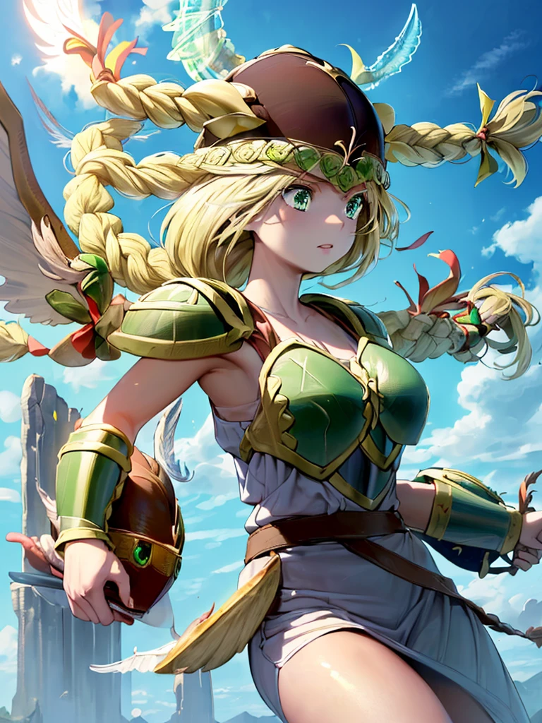 masterpiece,best quality, 1girl, 18yo, beautiful girl,BREAK,(Armor:1.8),(Helmet with wings:1.7),(Beautiful blonde,braid,Green Eyes:1.5),BREAK,(Proud face:1.3),BREAK, (blue sky:1.4),(Running on the clouds:1.5),