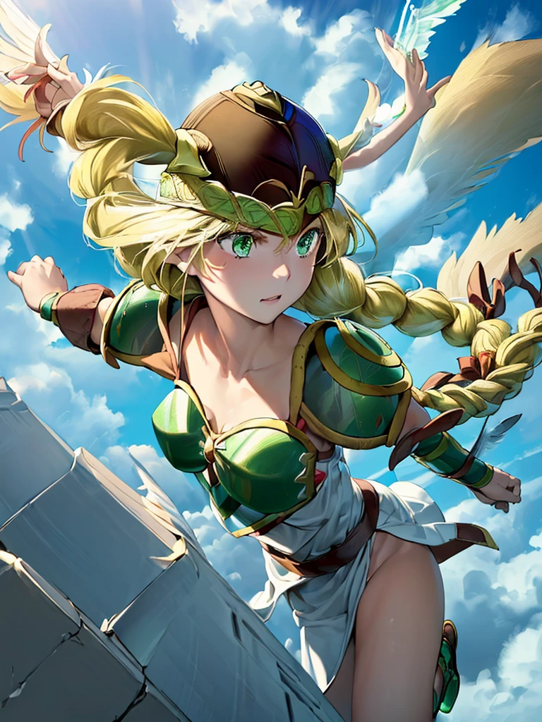 masterpiece,best quality, 1girl, 18yo, beautiful girl,BREAK,(Armor:1.8),(Helmet with wings:1.7),(Beautiful blonde,braid,Green Eyes:1.5),BREAK,(Proud face:1.3),BREAK, (blue sky:1.4),(Running on the clouds:1.5),