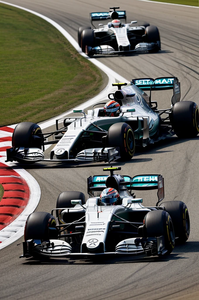 A Formula 1 single-seater, of the white Mercedes team 