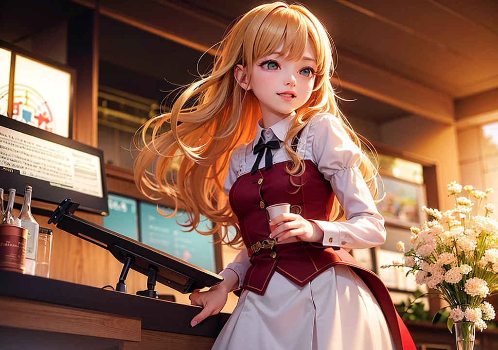 Realistic photos, Focus distance 10mm, Red and white, A big smile, Curly blonde hair, Beautiful girl, Realistic photos, Focus distance 10mmで撮影, masterpiece, 最high quality, high quality, Very detailed CG 8k wallpaper unit, Award-winning photography, Bokeh, Depth of written boundary, High resolution, bloom, chromatic aberration, Realistic, Very detailed, Art Station Trends, CGsociety Trends, Complex, High detail, dramatic, Art on the go, volumetric lighting, A young Sergei Rachmaninoff writing sheet music