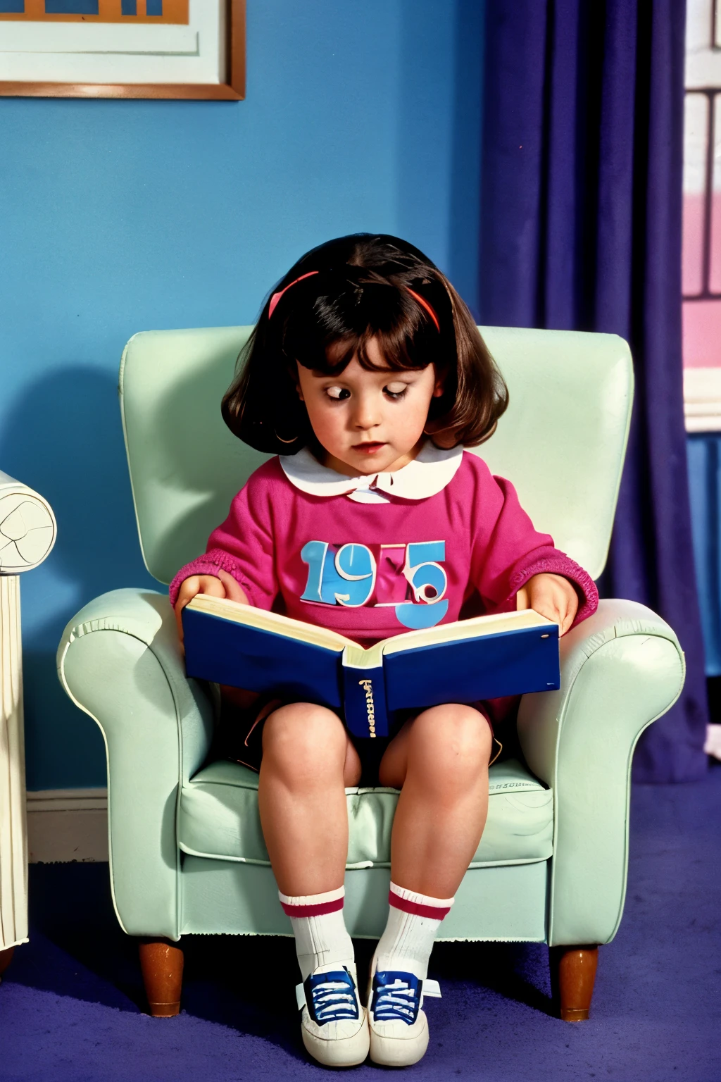 England, 1988. A little ((((4-year-old)) Matilda Wormwood)), sitting on an armchair, reading a book, ((((clothings from the 1980s)))), ((dark hairstyle of the 1980s))