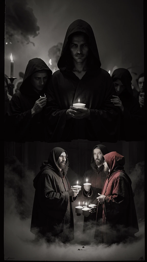 a black and white and red drawing in the style of Gustave dorè, a group of ghost wearing big long red hooded robes holding candels in the mist and a men in the middle