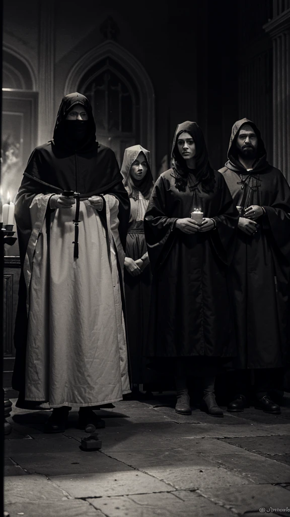 a black and white and red drawing in the style of Gustave dorè, a group of ghost wearing big long red hooded robes holding candels in the mist and a men in the middle