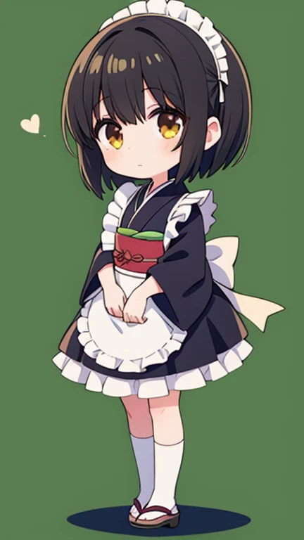 1girl,japanese,chibi,black hair,kimono,short hair,full body,green background,Maid costume,looking to the right,brown eyes