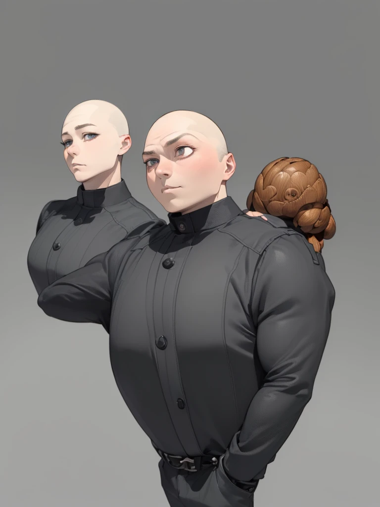 (((Masterpiece))), (high quality),Grey type aliens,15 year old girl alien,5 heads,(Skinhead,Gray aliens,Large, dark, almond-shaped eyes,:1.5),(No hair, no whites, no ears:1.5),Wearing a silver body-fitting suit,Plain background