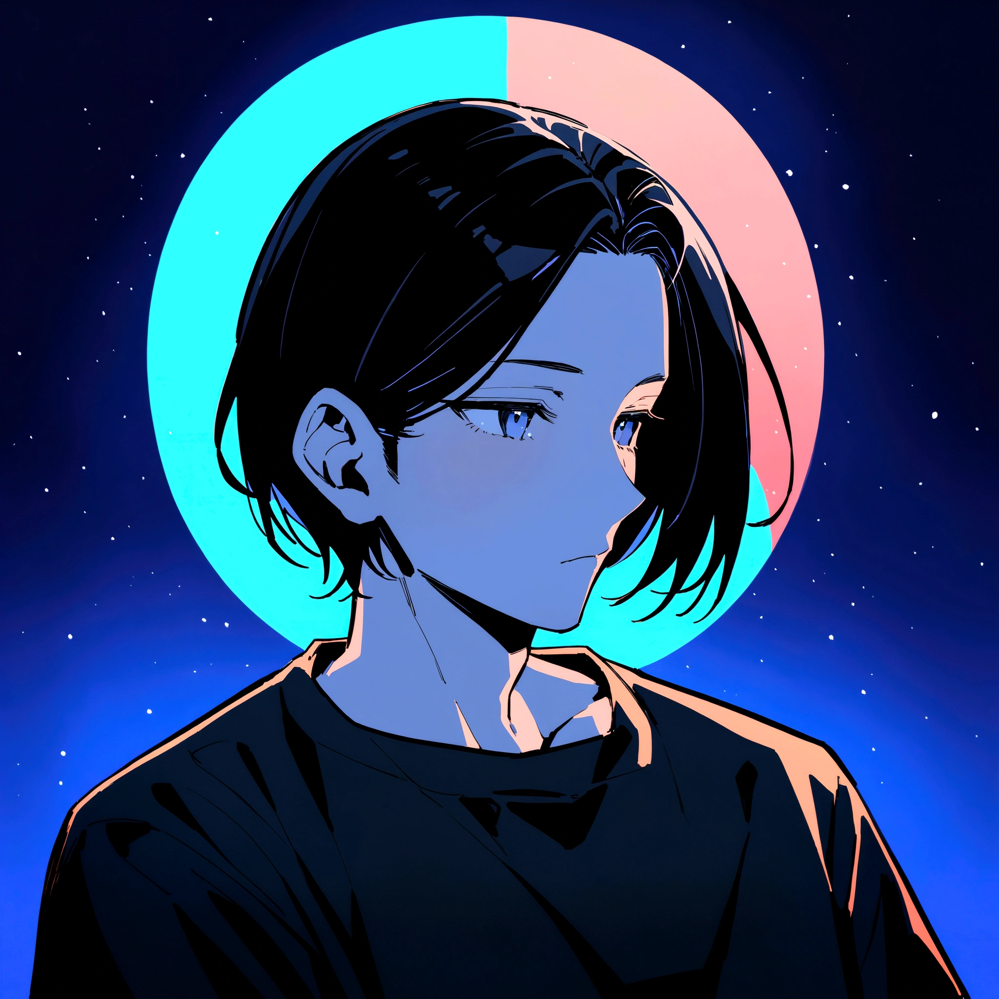 male、Beautifully straight, center parted、male、Medium black hair、profile、profileの待ち受け、黒髪のCenter part that exposes the forehead・profileのイラストアイコン,Black hair center part、Flat painting - Portrait：30代前半のmaleで、Hair should be parted in the center。 ·atmosphere：It has a stylish atmosphere.、Simple fill、With a bright feeling、Center part that exposes the forehead,Blue background、For SNS icons、T-Shirts、Solid blue background,Short cut、