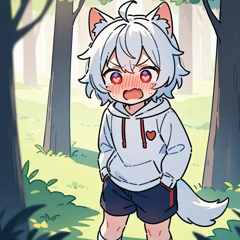(masterpiece:1.2,high quality),8K,High resolution,A seven-year-old boy,cute boy,white hair,short hair,red eyes,heart-shaped pupils, ahoge,cat ears,full-face blush,pain,angry,tears,skin fang,Halation,Wearing a white hoodie,Dark blue shorts,White socks,Stand in the forest,There are flowering trees on both sides.,primary school student,thigh,alone,dog tail,(Put your hands in your pockets)