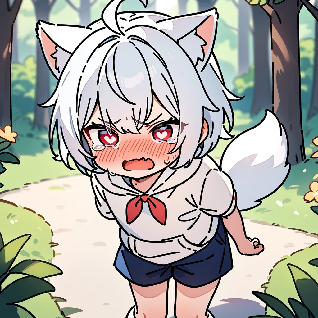 （masterpiece：1.2，high quality），8K，High resolution，A -year-boy，c boy，white hair，short hair，red eyes，heart-shaped pupils， ahoge，cat ears，full-face blush，pain，angry，tears，skin fang，Halation，Wearing a white hoodie，Dark blue shorts，White socks，Stand in the forest，There are flowering trees on both sides.，primary scho，dog tail，（Put your hands in your pockets）