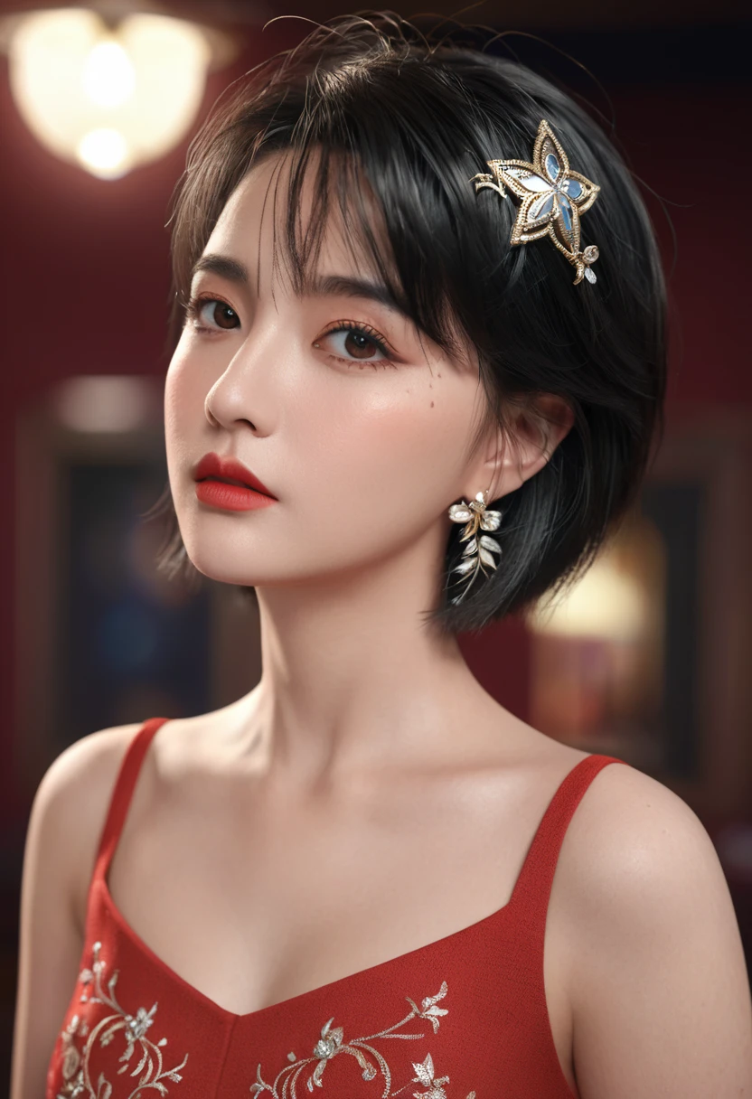 1 Girl, cowboy shot of beautiful have, Looking at the audience, Red Dress, Black Hair, blush, short hair, Sports Night, Volumetric Lighting, best quality, masterpiece, Intricate details, Tone Mapping, Clear focus, Ultra Detailed, Popular on ArtStation, have, Practical