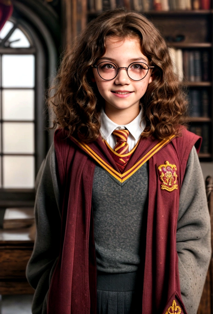 Masterpiece of allure, (12-year-old:1.2), mary elizabeth winstead, (freckles on cheeks, short curly dark-brown hair:1.2), (brown eyes, wear glasses:1.2), (Irish tween girl fitness model), (wearing a Gryffindor uniform: 1.2), photorealistic, full body, a captivating smile lingers at the corner of her lips, ultra-high-resolution, film stock photography, F2.8 lenses, vibrant colors, realistic