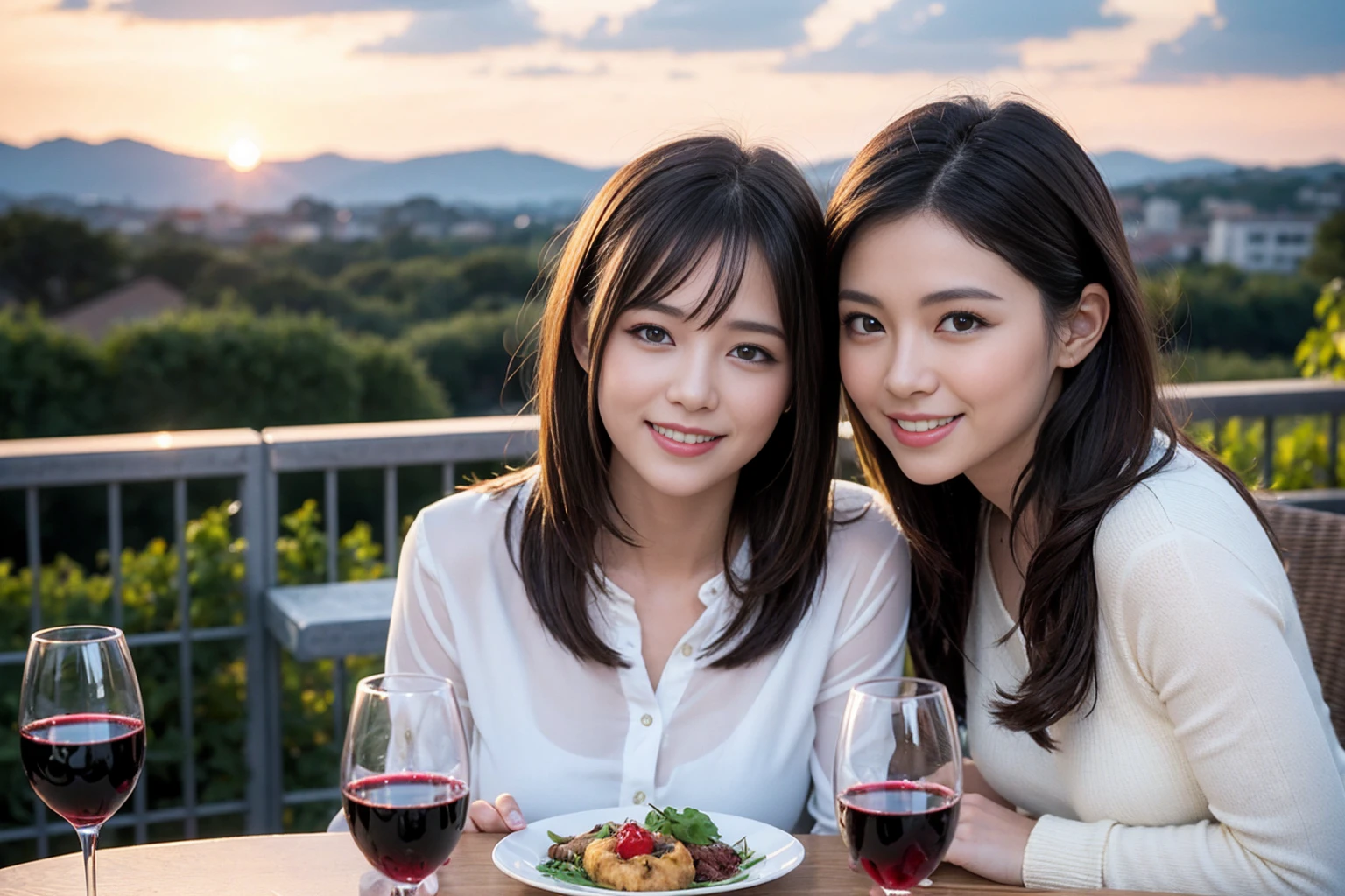 ((Highest quality、8K、masterpiece:1.3))、Slim Couple、Model Couple、Beautiful woman 1, (Slim face),(Realistic, Intricate details:1.2), full-course dinner、Wine Party、Amazing view of the sunset sky and clouds、A bright smile、The wonderfulness of smile、Bright image、The beauty of wine, Beautiful Face, blue eyes, The light shines on your face, Blushing, short hair,Bright Face、 (Age 37), Age 34, red wine 、Appetizers、Italian food、Wine bottle、Champagne、sparkling wine、Two beauties、Brown Hair、Shortcuts、Long sleeve shirt、dress、 (The body is スリム), (Brown Hair), (Shortcuts),  (smile: 1.15), Beautiful fine grain, Depth f/2,saturation, High Contrast, Strong light and shadow,Moist Body:1.5、3D texture、Delicate eyes、Brown Hair、The hair is very shiny、