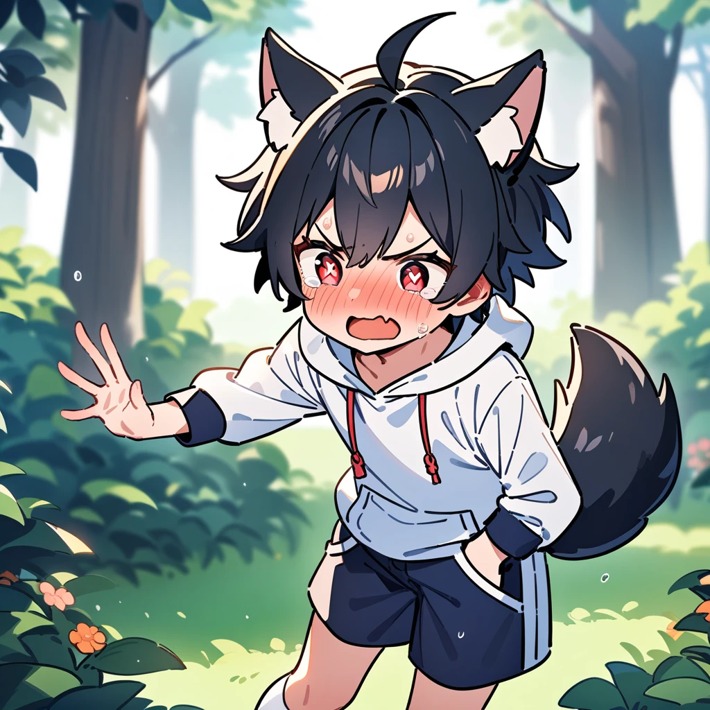 (masterpiece:1.2,high quality),8K,High resolution,A -year-boy,c boy,black hair,short hair,red eyes,heart-shaped pupils, ahoge,cat ears,full-face blush,pain,angry,tears,skin fang,Halation,Wearing a white hoodie,Dark blue shorts,White socks,Stand in the forest,There are flowering trees on both sides.,primary scho,dog tail,(Put your hands in your pockets)