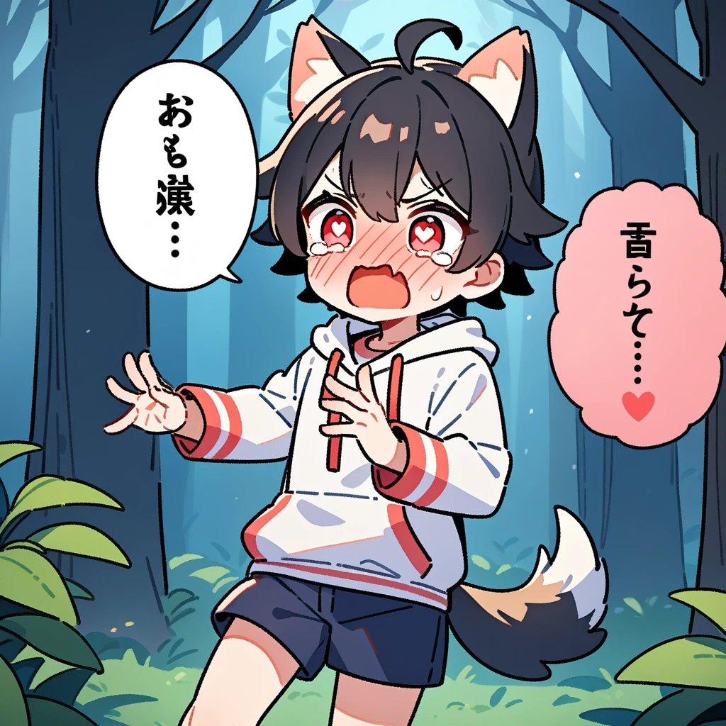 (masterpiece:1.2,high quality),8K,High resolution,A seven-year-old boy,cute boy,black hair,short hair,red eyes,heart-shaped pupils, ahoge,cat ears,full-face blush,pain,angry,tears,skin fang,Halation,Wearing a white hoodie,Dark blue shorts,White socks,Stand in the forest,There are flowering trees on both sides.,primary school student,thigh,alone,dog tail,(Put your hands in your pockets)