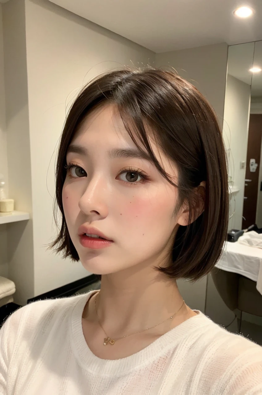 a pretty young japanese woman with dark brown medium long hair, 1girl, long hair, boyish, plain white t-shirt, photo-style description, 8k description, sunlight, natural, masterpiece, perfect, white wall room with window, shot in natural light, summer clothes, poses variadas, selfie style