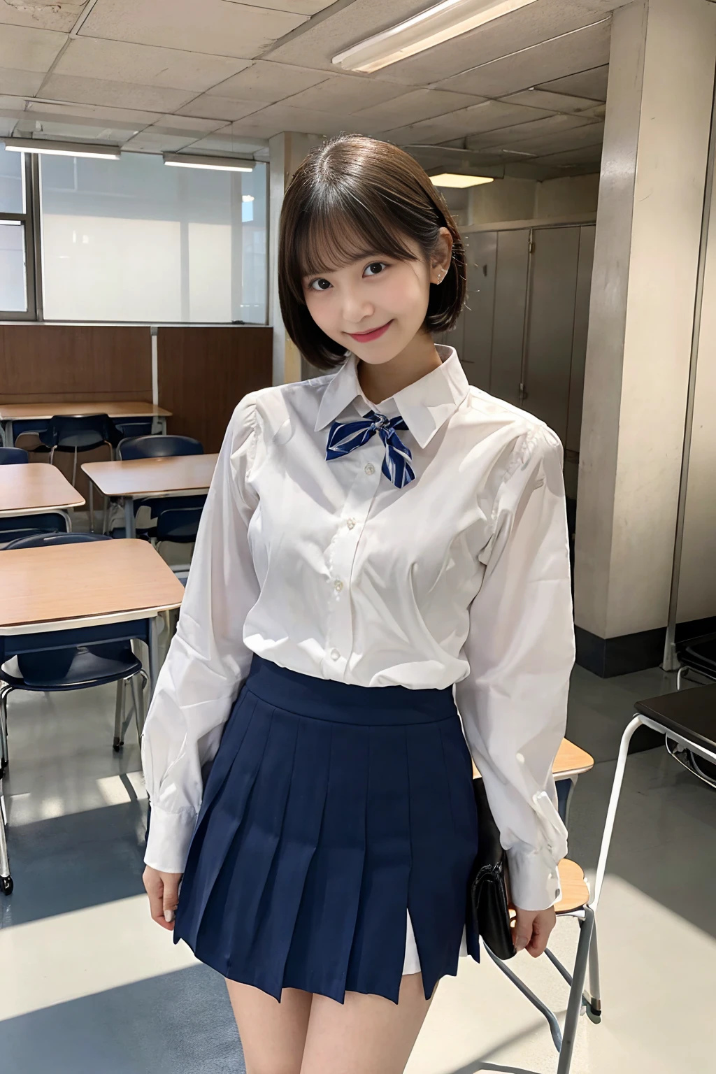 「A beautiful female school teacher stands in front of the classroom、She is wearing a suit with a tight white shirt and a tight he is holding a textbook and smiling gently.。Her short straight hair was neatly combed.、The tight mini skirt accentuates her thighs and buttocks.。We create a professional and friendly atmosphere。A classroom can be seen in the background.、There is a blackboard and student desks.。」